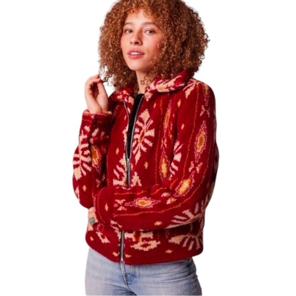 BOG Collective Melrose Faux Sherpa Teddy Western  Jacket Size S In Garnet Gold - Picture 1 of 12